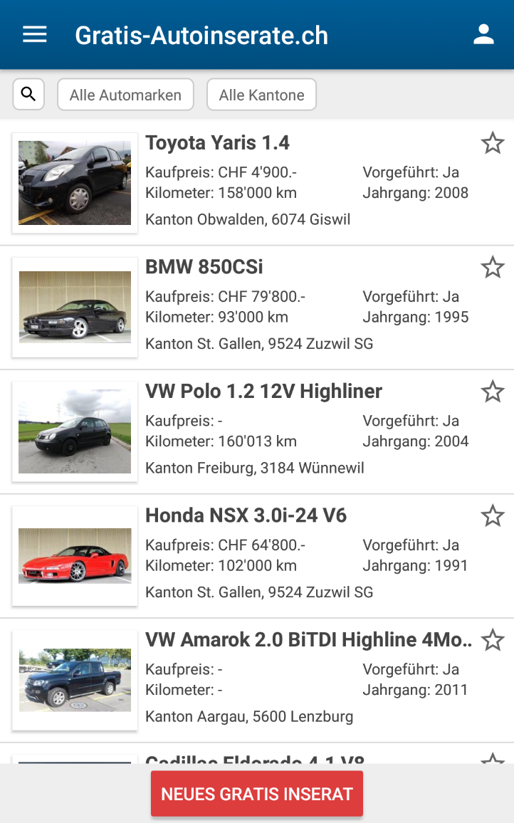 Gratis-Autoinserate.ch Android-App - Auto Occasion Schweiz