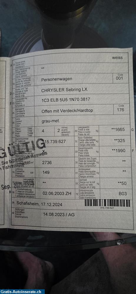 Bild 5: Occasion Chrysler Sebring 2.7 V6 Touring (LX) Cabrio